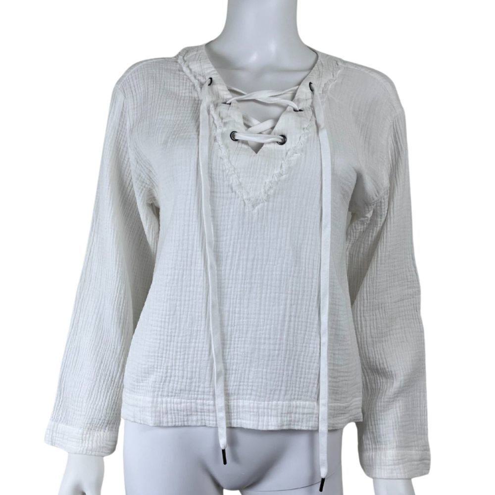 Cloth & Stone Women Size S White Cotton Lace Up Pullover Blouse Bell Sleeve Boxy